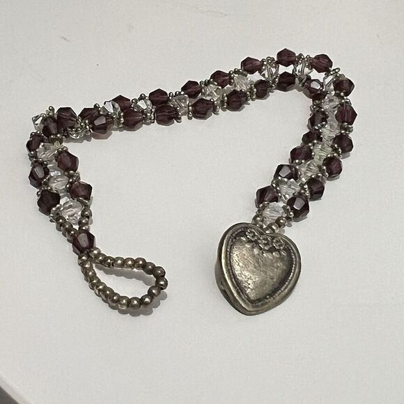 Beaded Heart Bracelet Red Brown Clear Metal - Picture 1 of 3